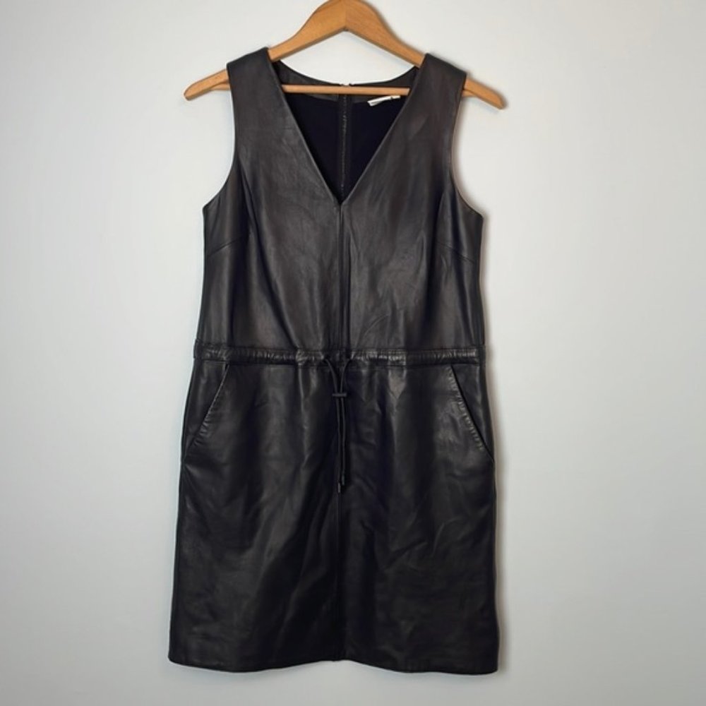 Nwot DKNY Leather Mini Dress Sleeveless V-Neck w/ Pockets + Cinch Waist XXS